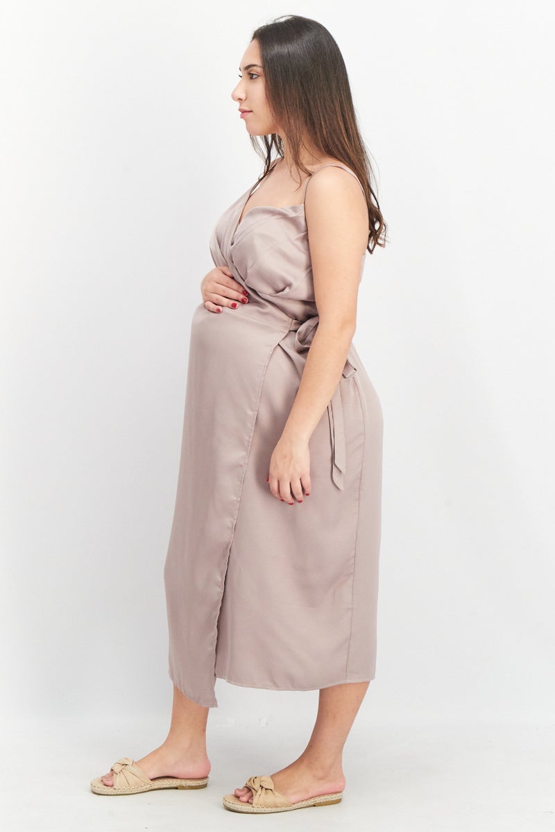 Little Mistress Women Maternity Satin Wrap Midi Dress, Grey - Image 2